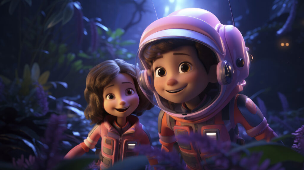 3d cartoon kids exploring moon space